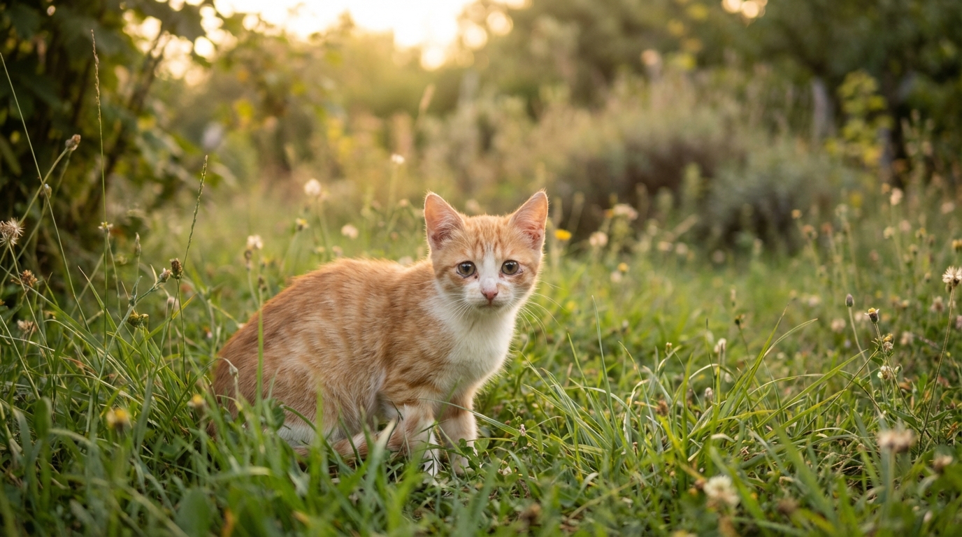 Un jeune chaton roux et blanc aux grands yeux curieux, assis dans un jardin verdoyant, regarde l'objectif avec innocence.
