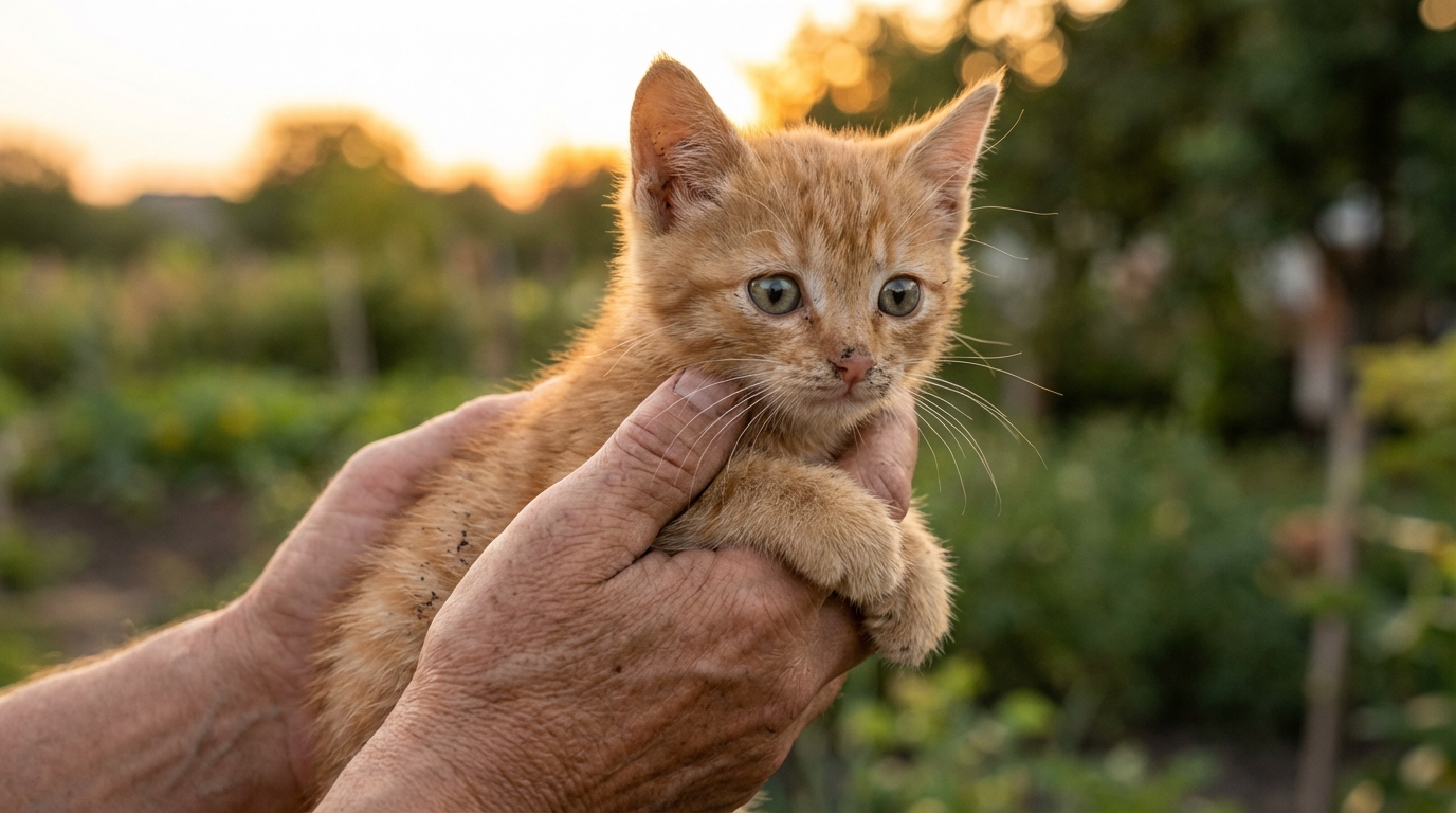 Un adorable chaton roux aux yeux verts regarde l'objectif, blotti en sécurité dans des mains bienveillantes après son sauvetage.
