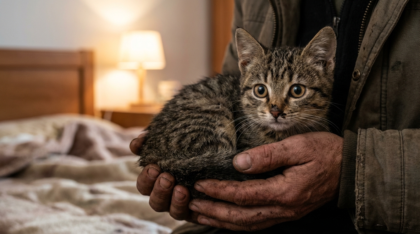 Un petit chaton apeuré mais en sécurité dans les bras réconfortants d'une personne après son terrible sauvetage.