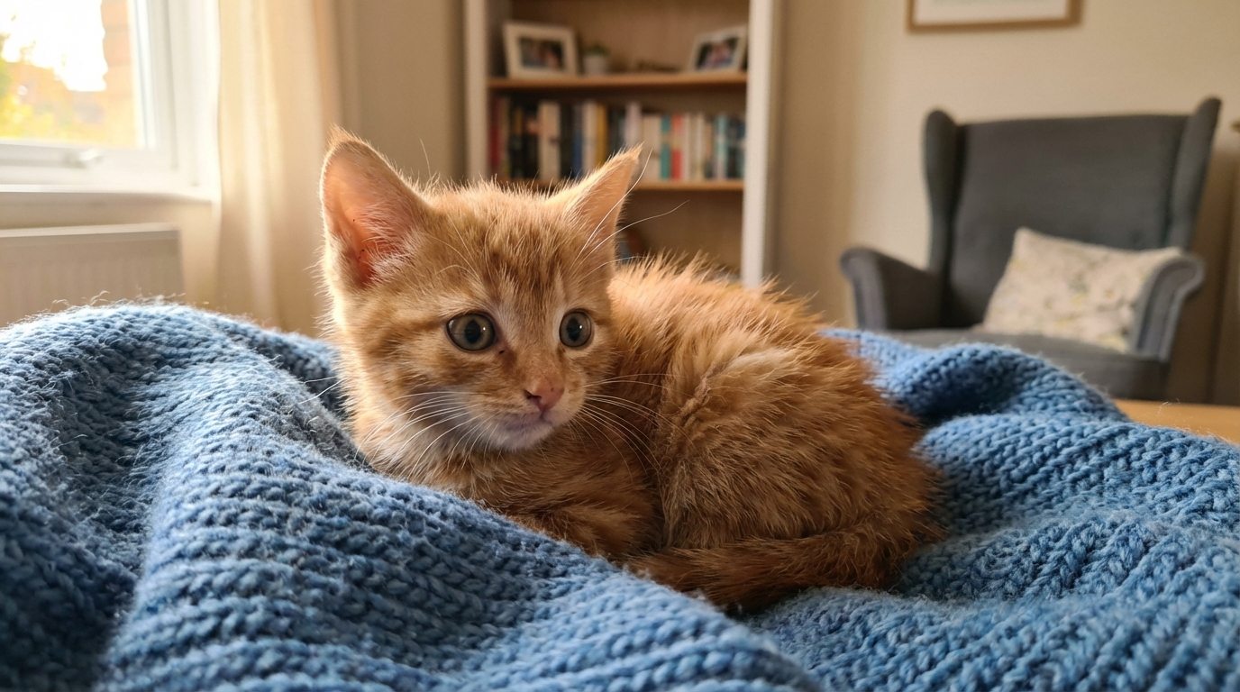 Un jeune chaton au regard craintif se blottit dans une couverture chaude et douce après avoir été secouru d'une situation de danger.