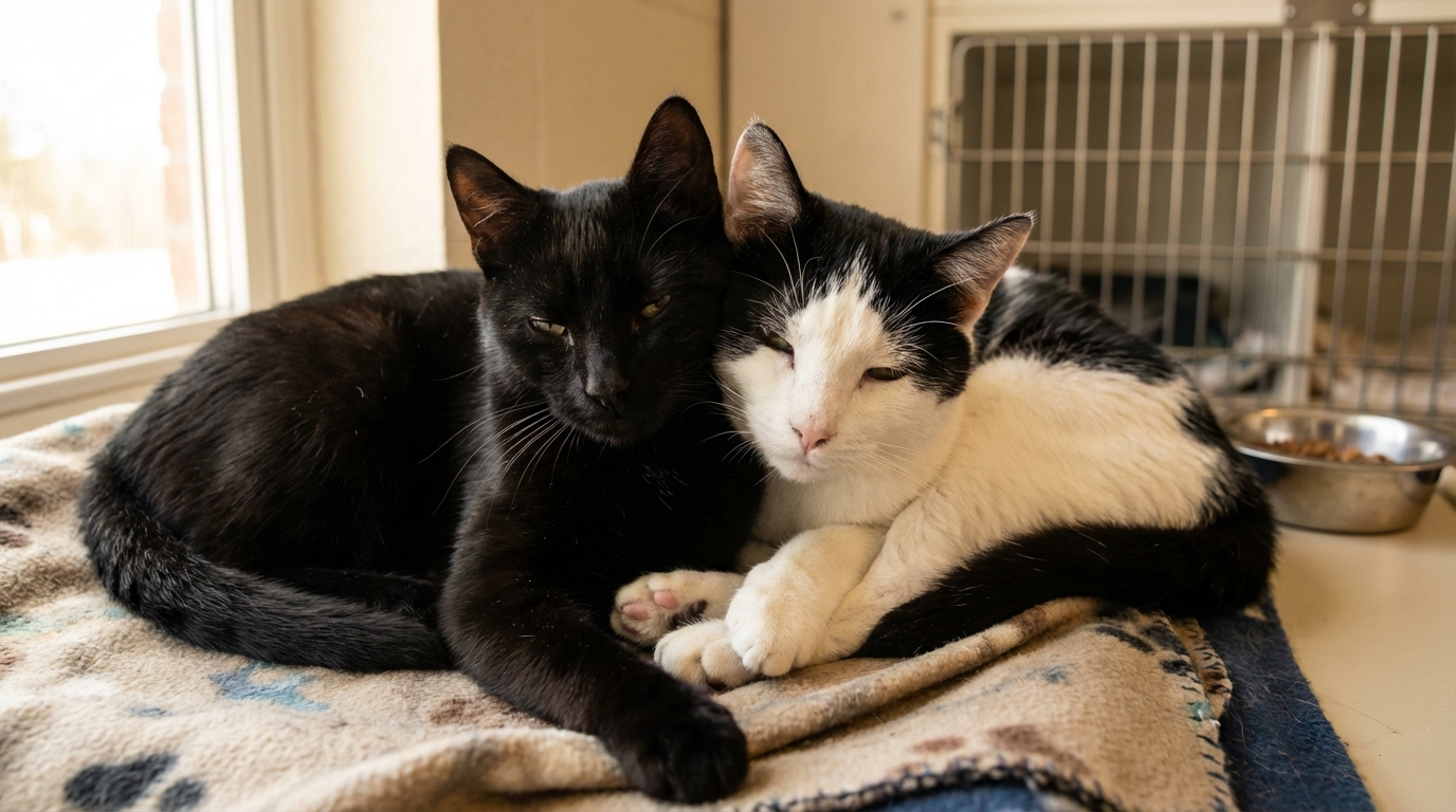 Deux chats, Mozart et Berlioz, sauvés des inondations, se réconfortent mutuellement en attendant une famille qui les adoptera ensemble.