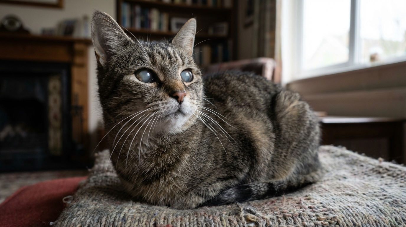 Une chatte âgée au pelage tigré, assise dignement, regardant avec des yeux qui semblent tristes, attendant une nouvelle famille.
