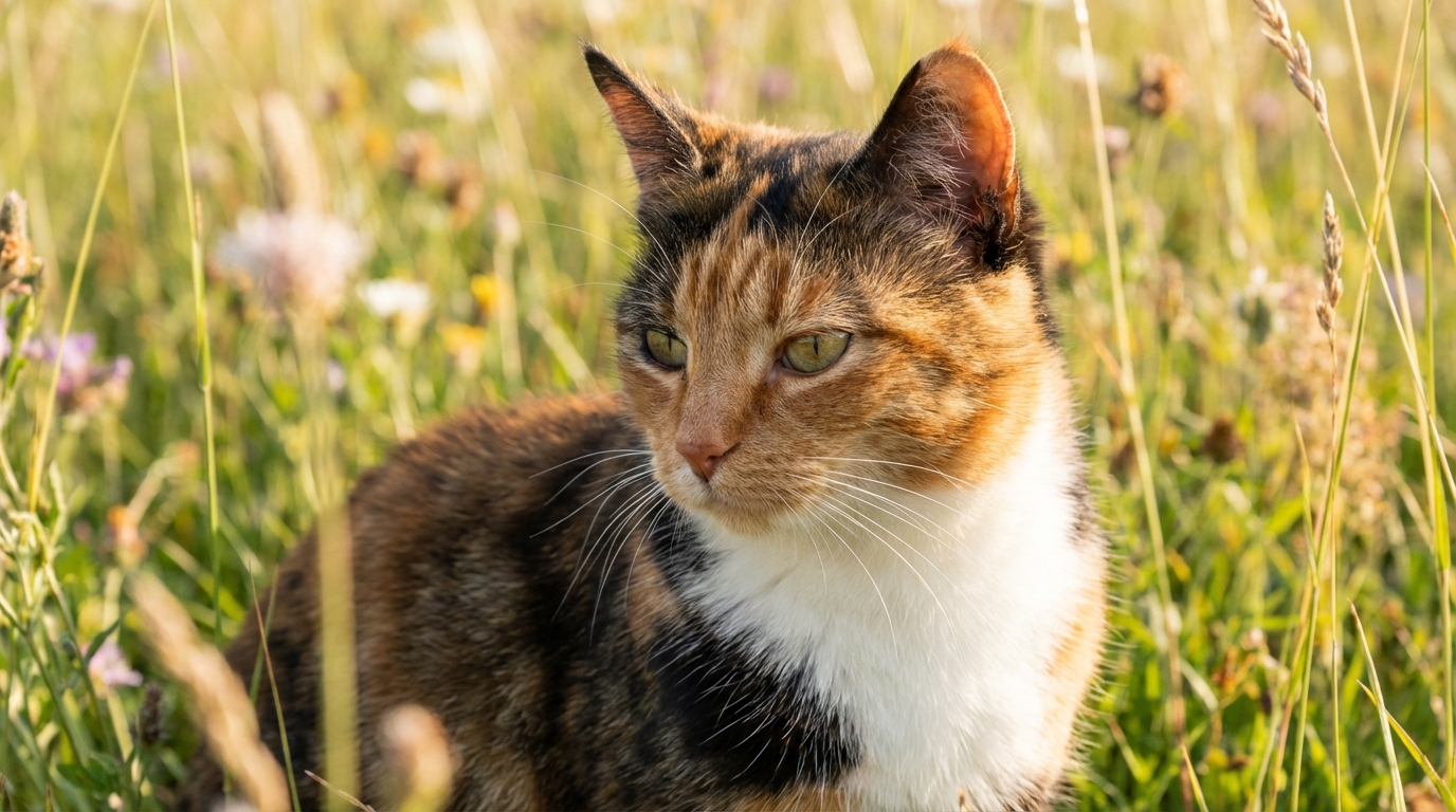 Une chatte tricolore au regard intense, assise calmement dans un environnement verdoyant, symbolisant sa nouvelle vie paisible au refuge.