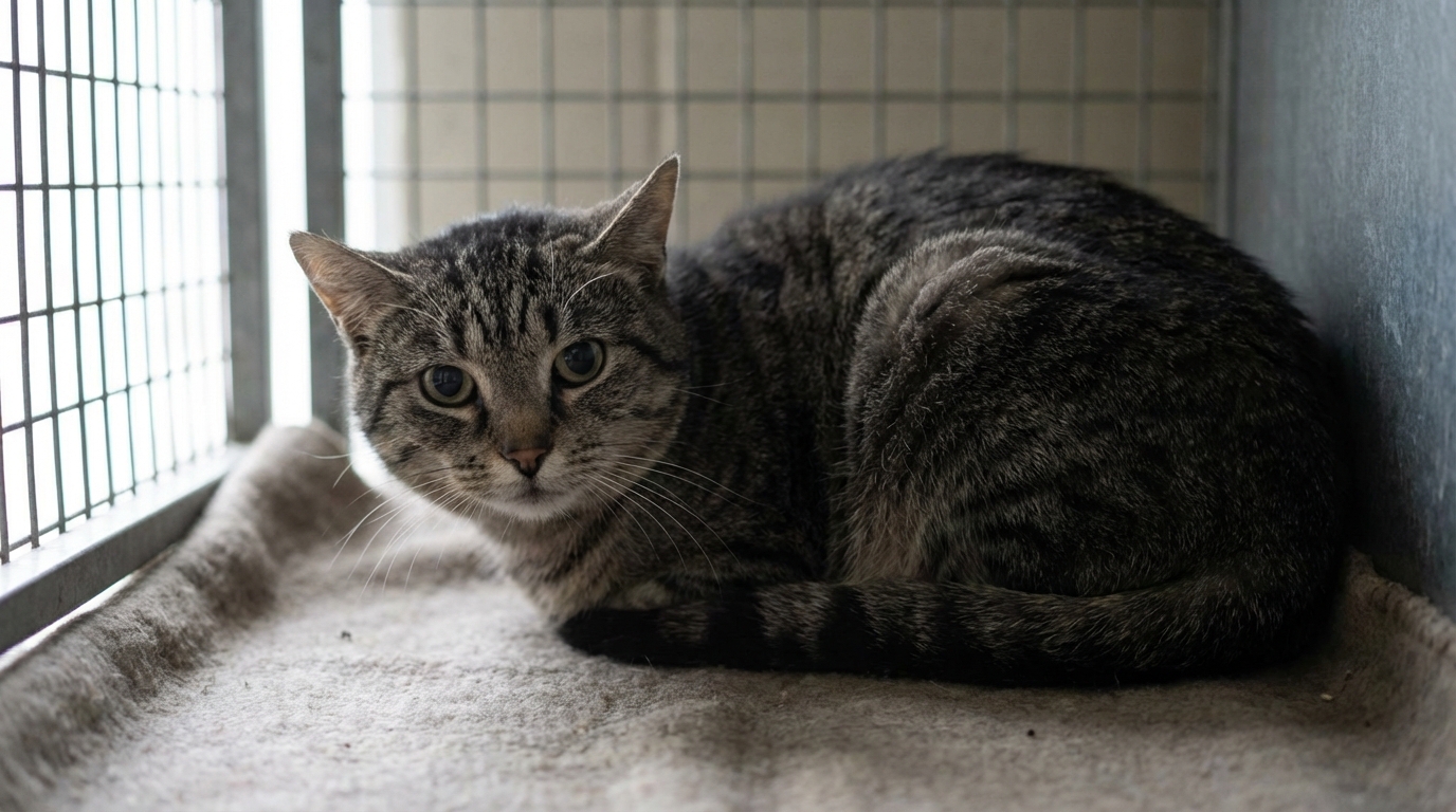 Chic, un chat de 8 ans au regard craintif, assis dans son box au refuge de la SPA en Sarthe, attendant une nouvelle famille.