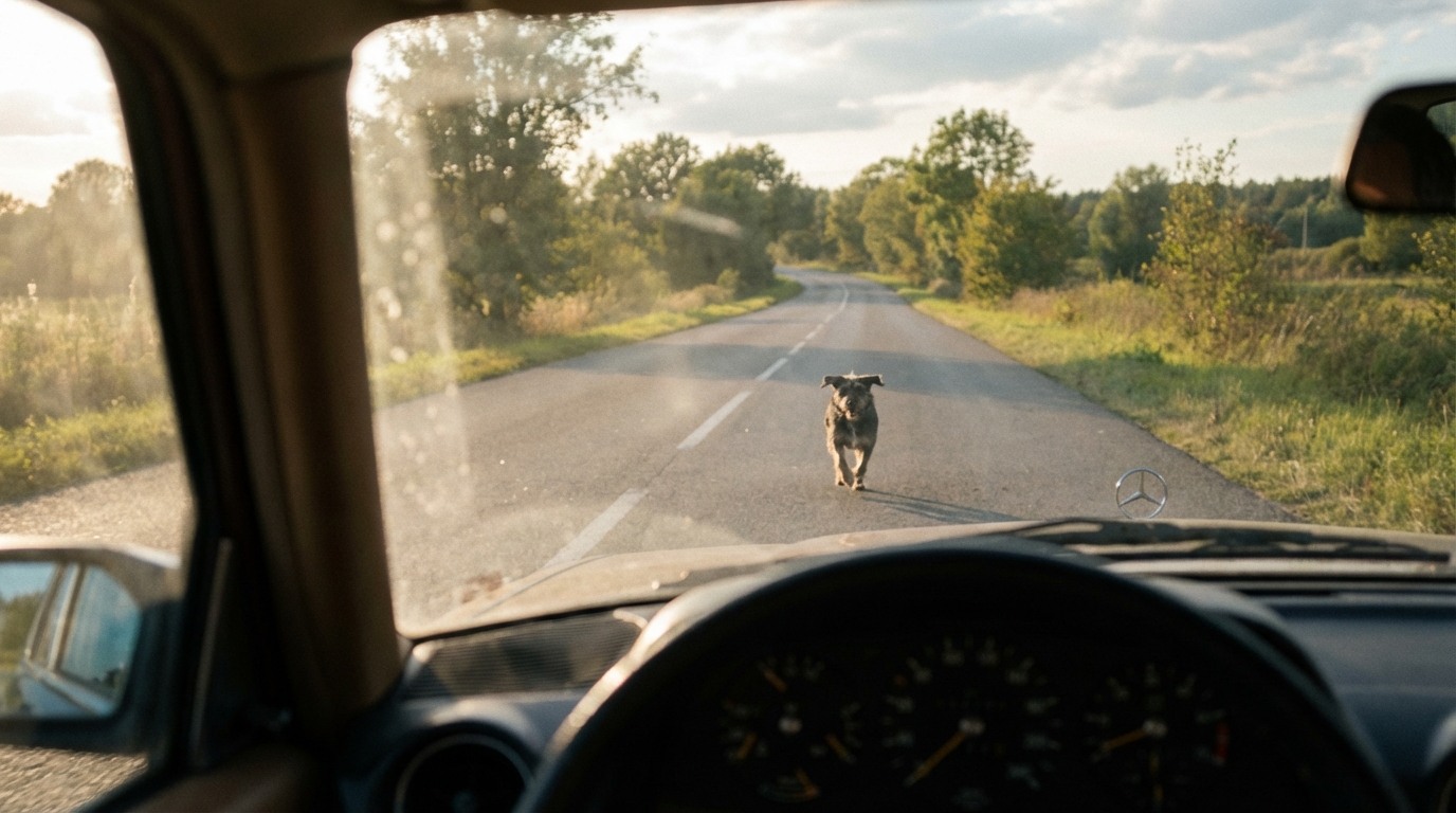 Un chien de taille moyenne court sur le bord d'une route de campagne, le regard fixé vers l'horizon, semblant désespéré.