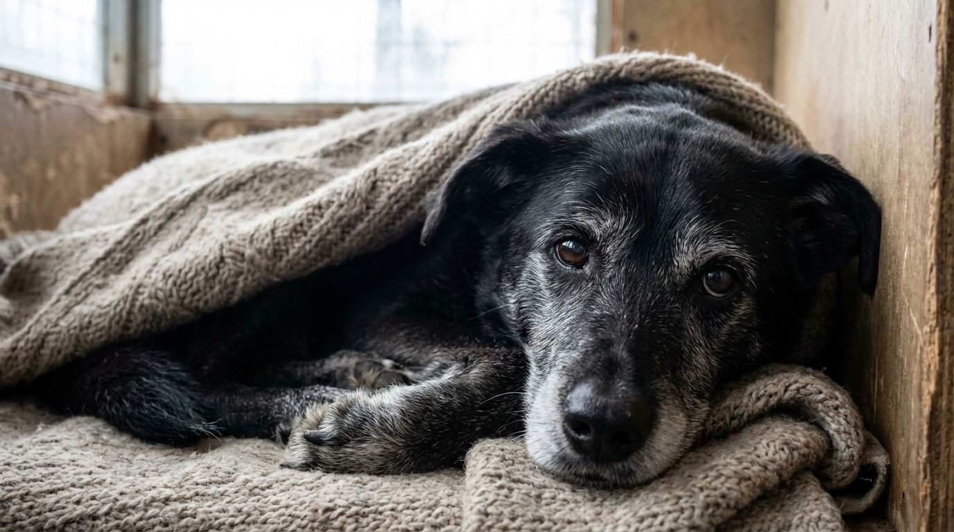 Un vieux chien au regard triste mais plein d'espoir, confortablement installé dans une couverture au refuge.