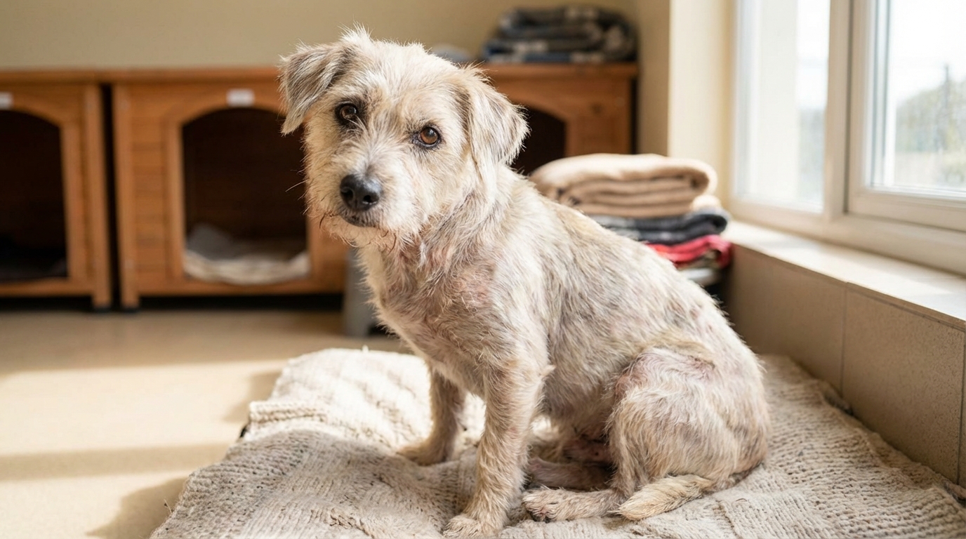 Un petit chien croisé âgé au regard doux, montrant des signes de guérison sur sa peau, dans un refuge chaleureux.