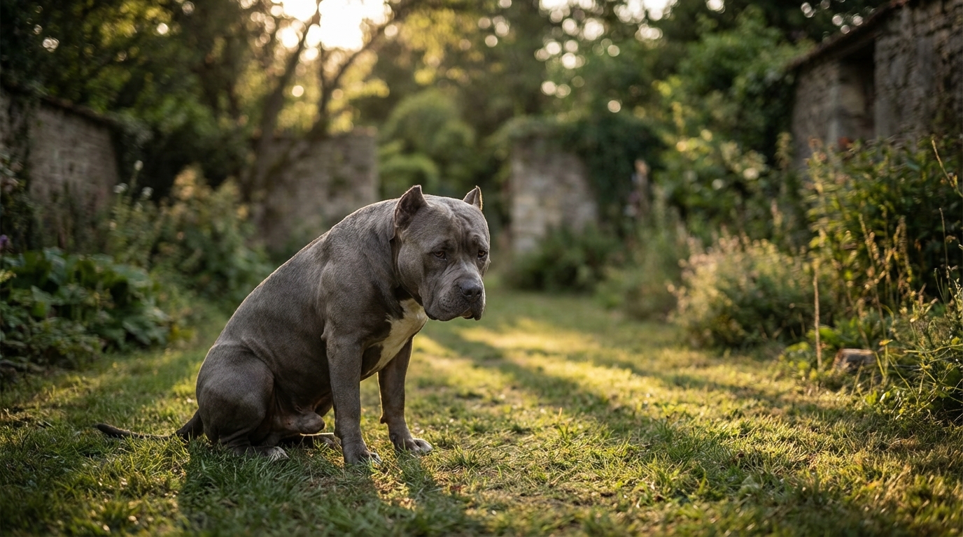 Un chien de race American Bully à la robe grise, assis dans l'herbe, le regard empreint de tristesse et de confusion.