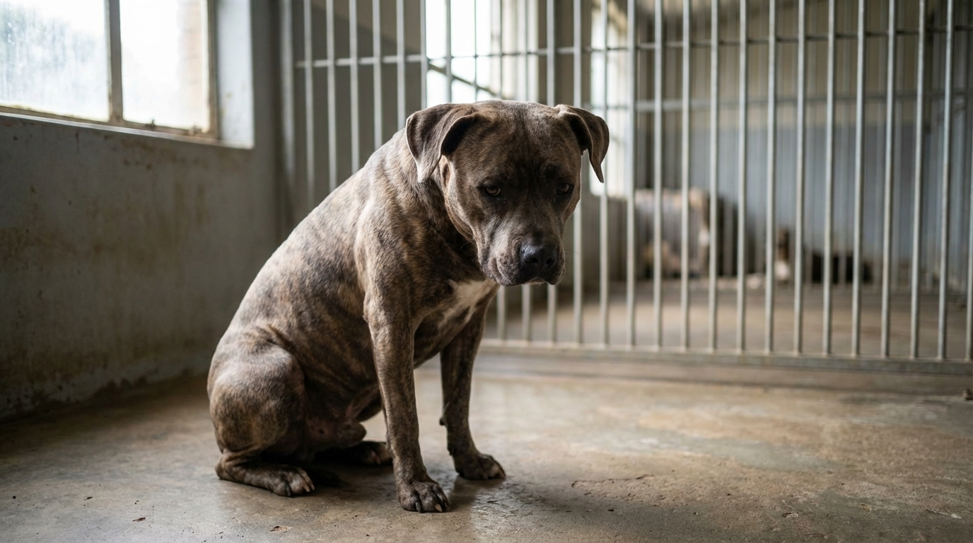 Un chien de type American Bully Staffy, puissant et musclé, au regard triste et interrogateur, dans un environnement de refuge.