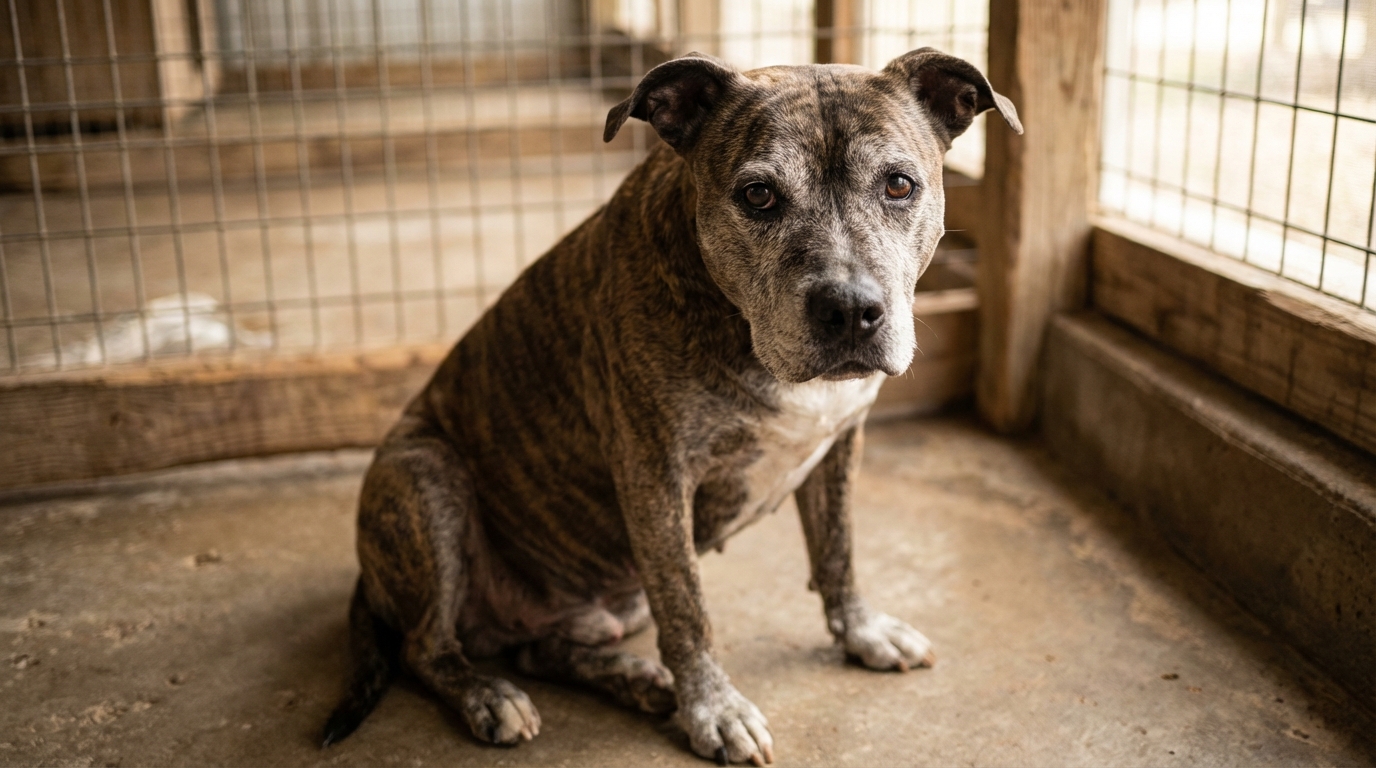 Lord’N Ron, un chien de type American Staff au regard doux et affectueux, assis calmement dans son box au refuge de la SPA.