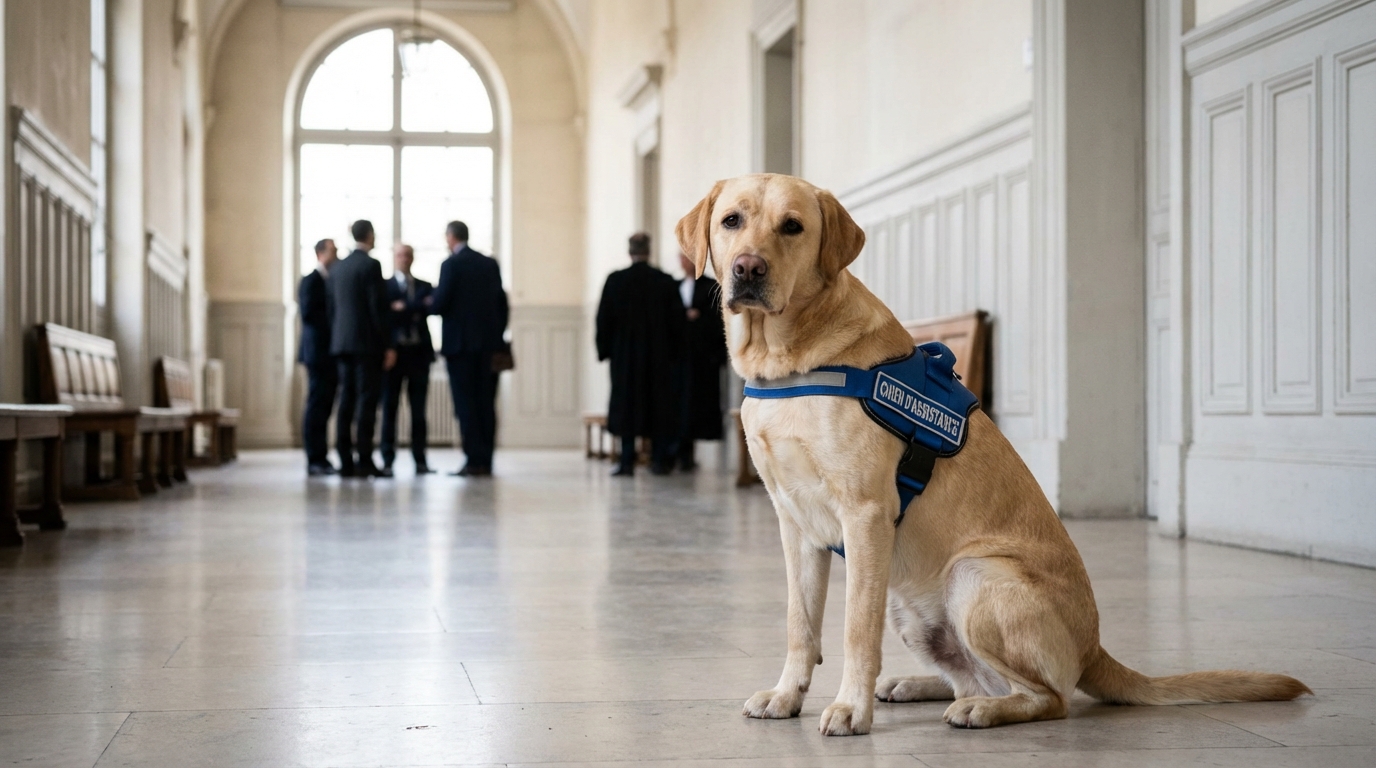 Un chien d'assistance de type labrador, portant un harnais officiel, assis calmement dans le couloir d'un tribunal, symbole d'apaisement.