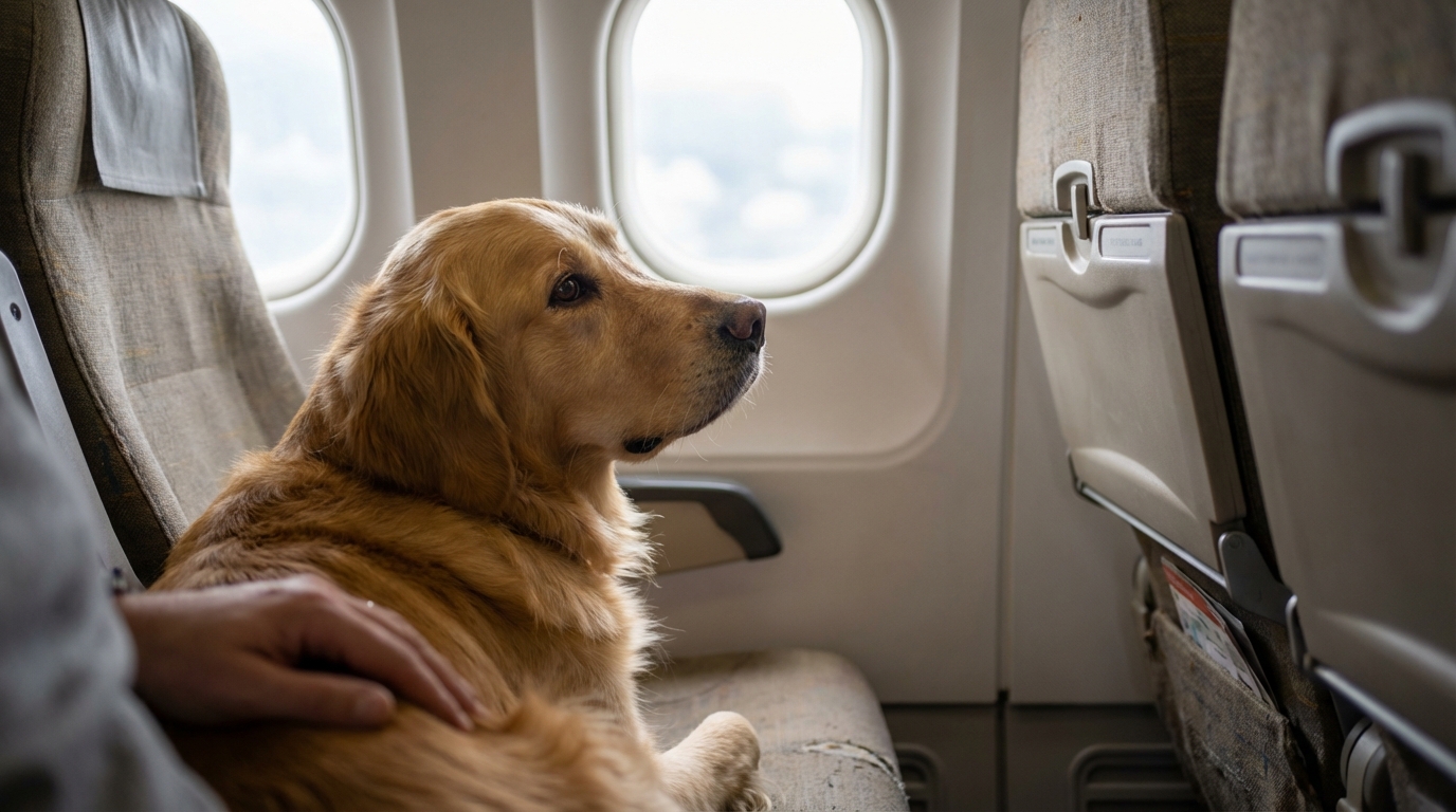 Un chien au regard soulagé regarde par le hublot d'un avion, attendant de retrouver la sécurité et son foyer avec sa famille.