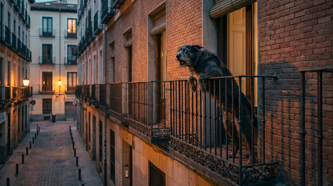 Un chien de taille moyenne, l'air stressé, se penchant dangereusement par-dessus la rambarde d'un balcon au deuxième étage d'un immeuble.