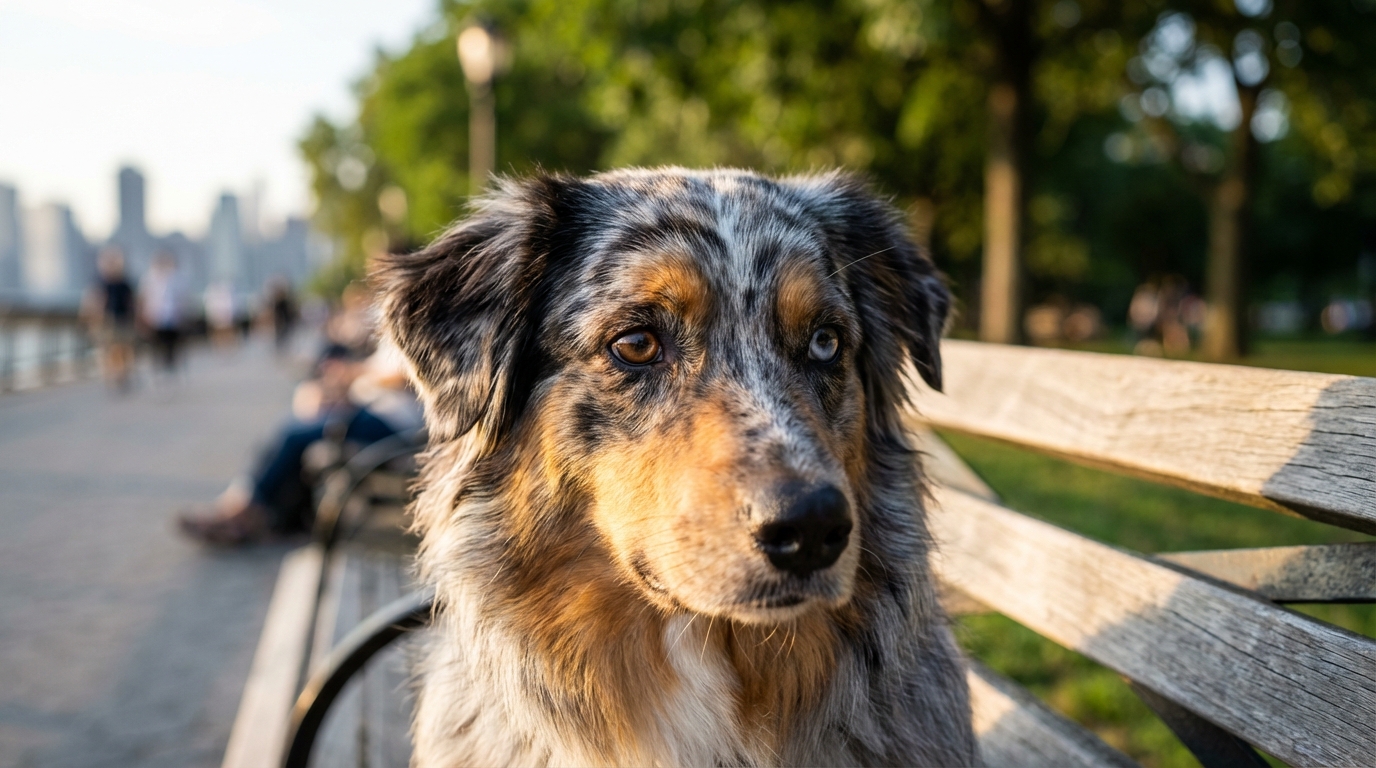 Un magnifique berger australien bleu merle assis dans un parc, l'air attentif et un peu inquiet, représentant Uki après sa disparition.