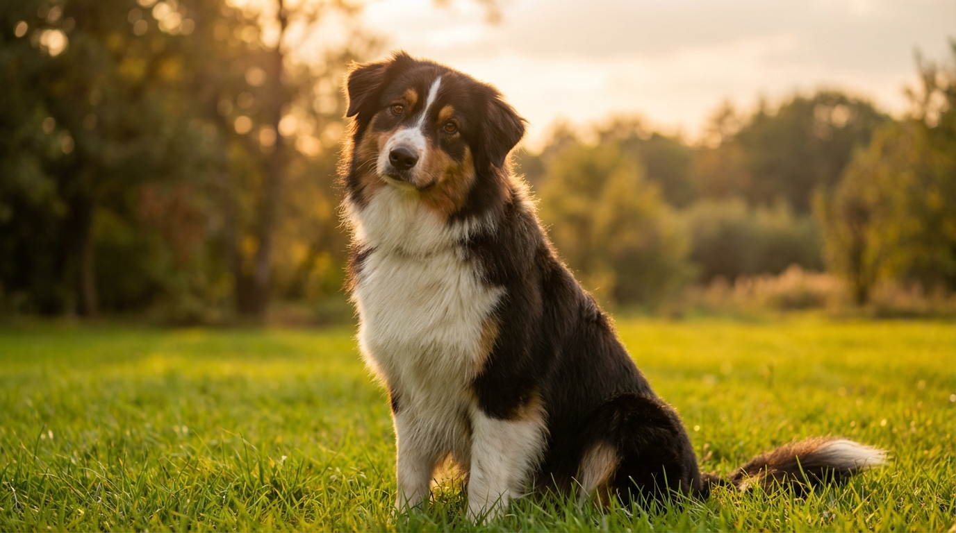 Un magnifique chien berger australien tricolore, Uki, assis dans un parc, regardant avec attention et intelligence vers l'objectif.