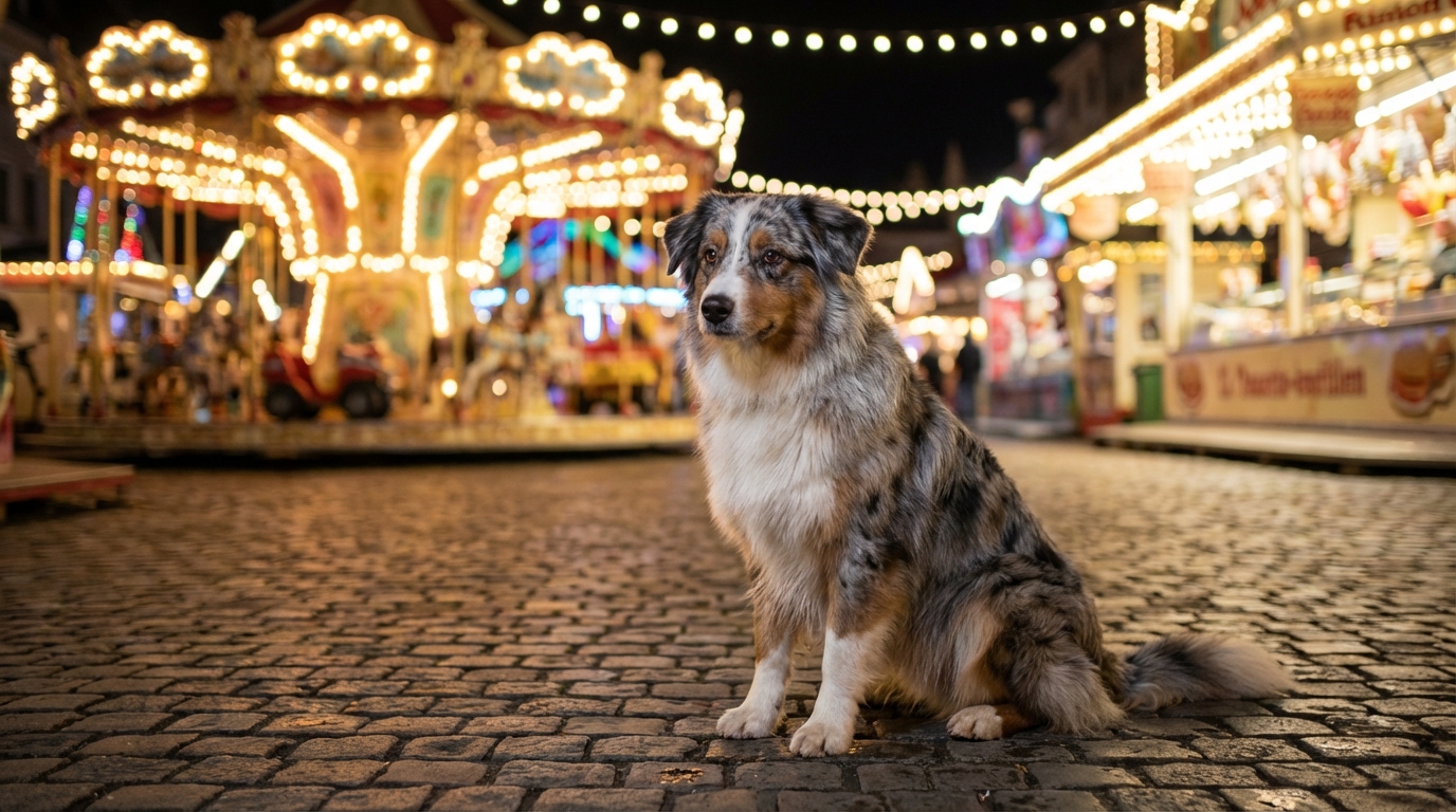 Un magnifique chien de type berger australien assis sagement dans l'ambiance colorée et nocturne d'une fête foraine.