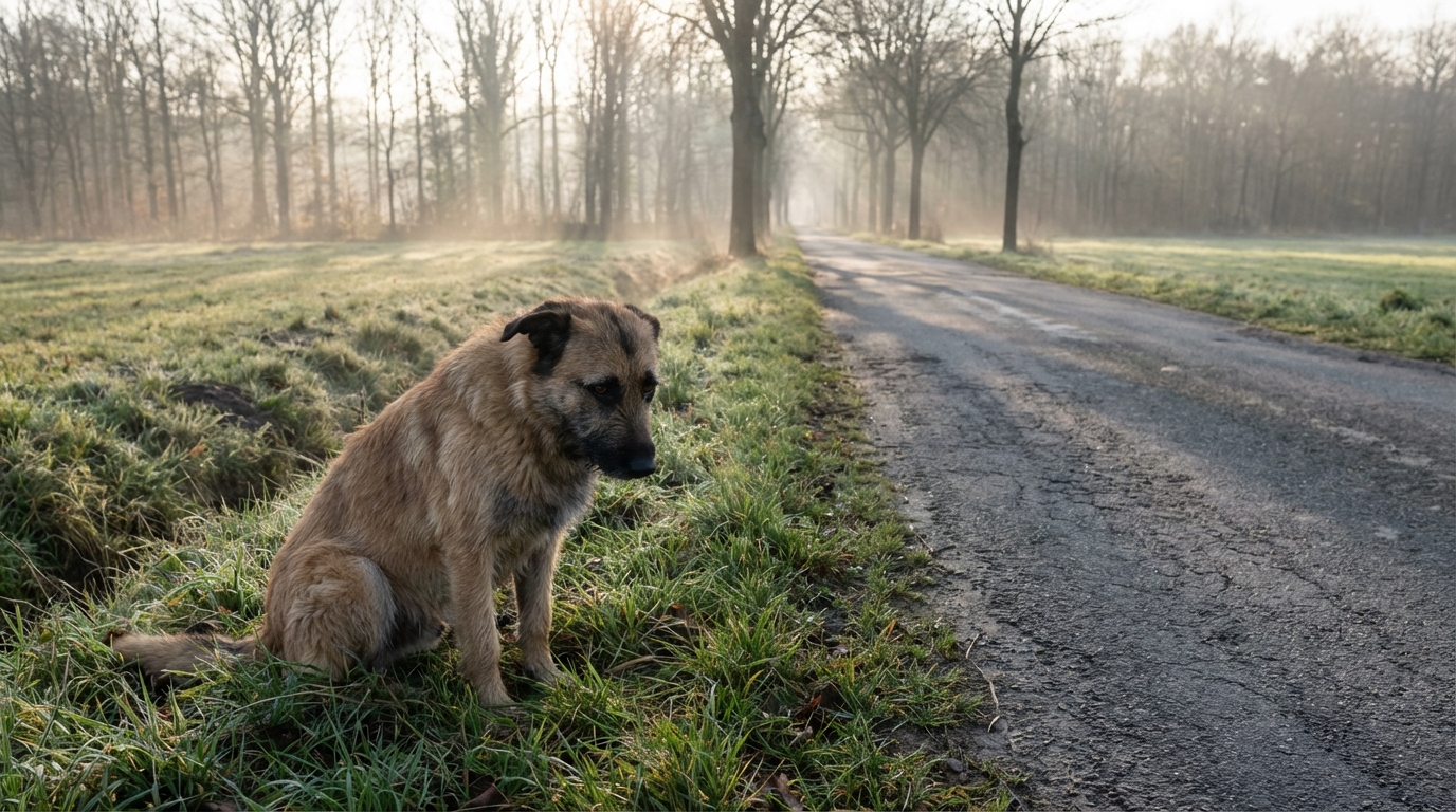 Un chien de type berger au regard triste, assis dans l'herbe, symbolisant l'hommage aux animaux victimes de maltraitance.