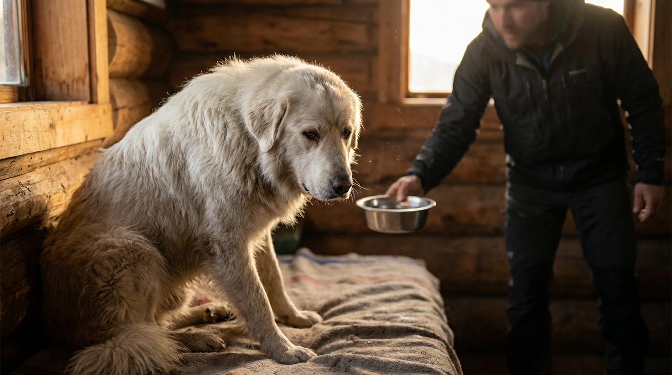 Un chien blanc de type berger, un peu craintif mais en sécurité, regarde l'objectif dans un paysage de montagne enneigé.