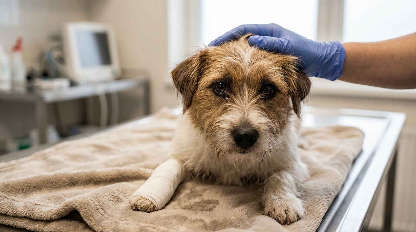 Un petit chien au regard triste, avec un bandage à la patte, est tendrement tenu par un soignant dans une clinique vétérinaire.