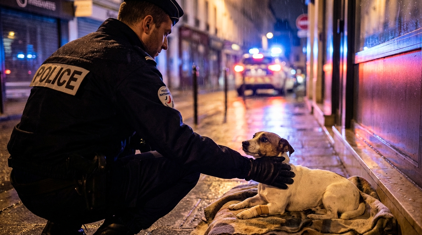 Un policier français réconforte un petit chien blessé, assis sur le trottoir la nuit, après un acte de cruauté.