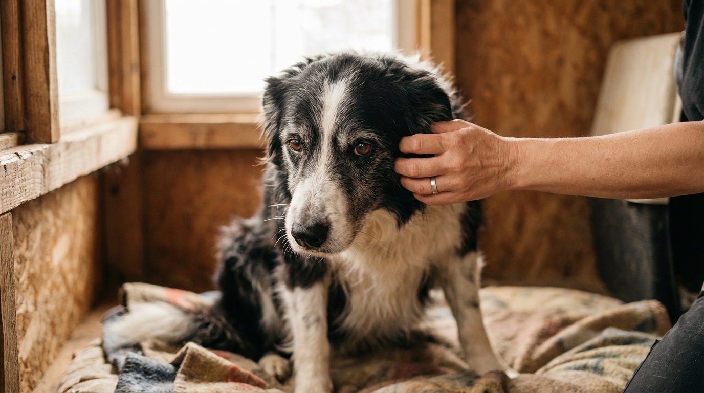 Bosco, un chien noir et blanc d'un certain âge, regarde doucement l'objectif, l'air apaisé dans son box à la SPA.