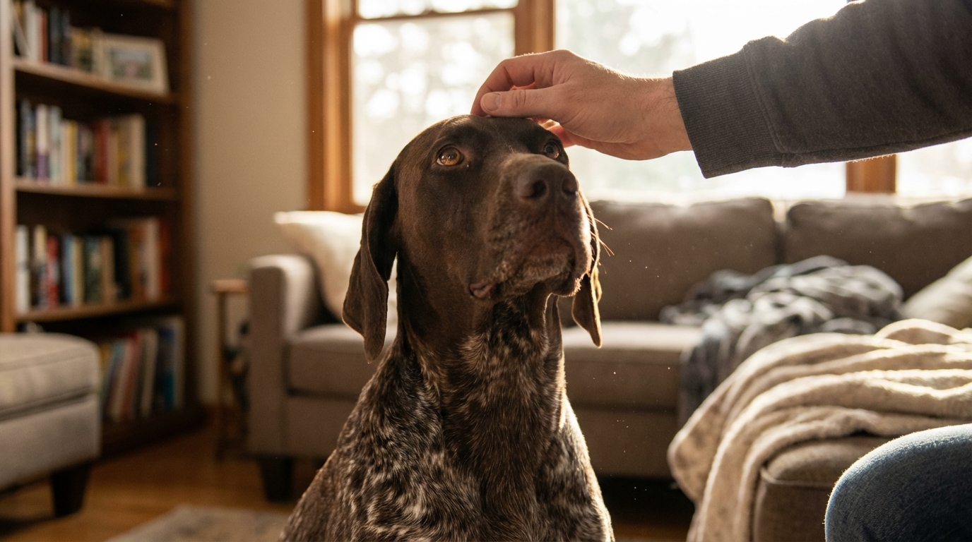 Un magnifique braque allemand au regard doux regarde avec affection la main d'une personne qui le caresse doucement sur la tête.