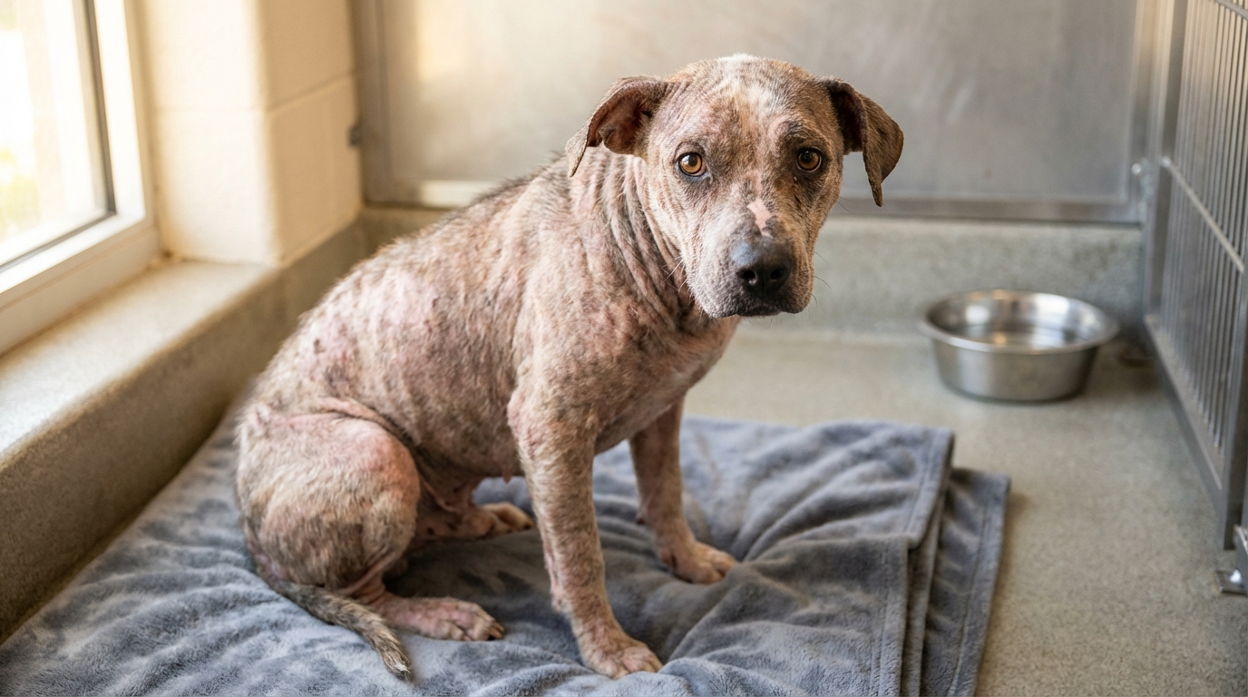Le chien Buddy, au pelage abîmé, regarde avec espoir après avoir été sauvé de la négligence par une association.