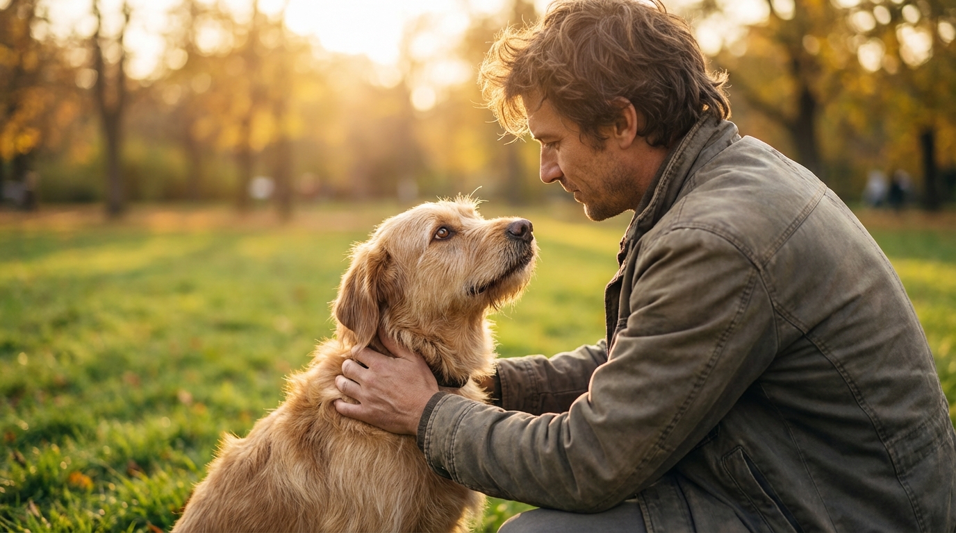 Un chien de type berger au regard doux, assis à côté de son propriétaire qui lui caresse tendrement la tête dans un parc ensoleillé.