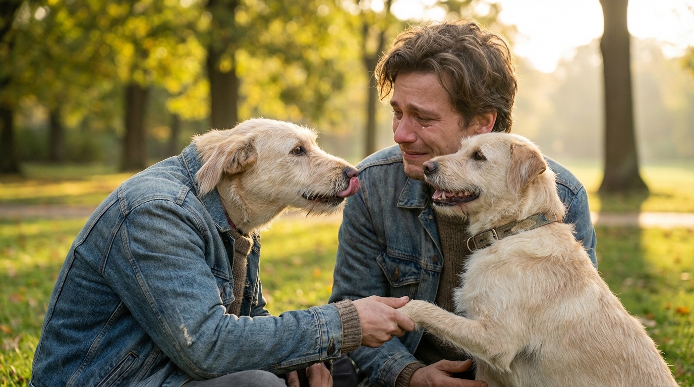 Un chien au regard doux et plein d'espoir, assis à côté de son maître, symbolisant le lien unique qui a permis de combattre la maladie.