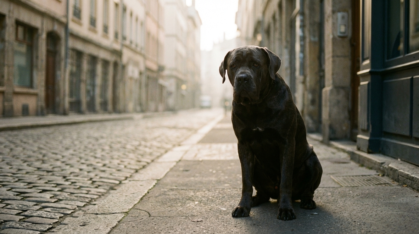Gros plan sur un chien Cane Corso assis dans une rue, son expression semble triste et perdue, évoquant un sentiment de confusion.