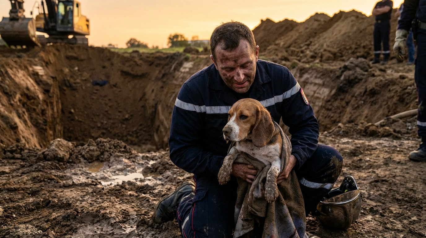 Un pompier français en uniforme réconforte un chien de chasse épuisé mais sain et sauf, près d'un trou creusé dans la terre.