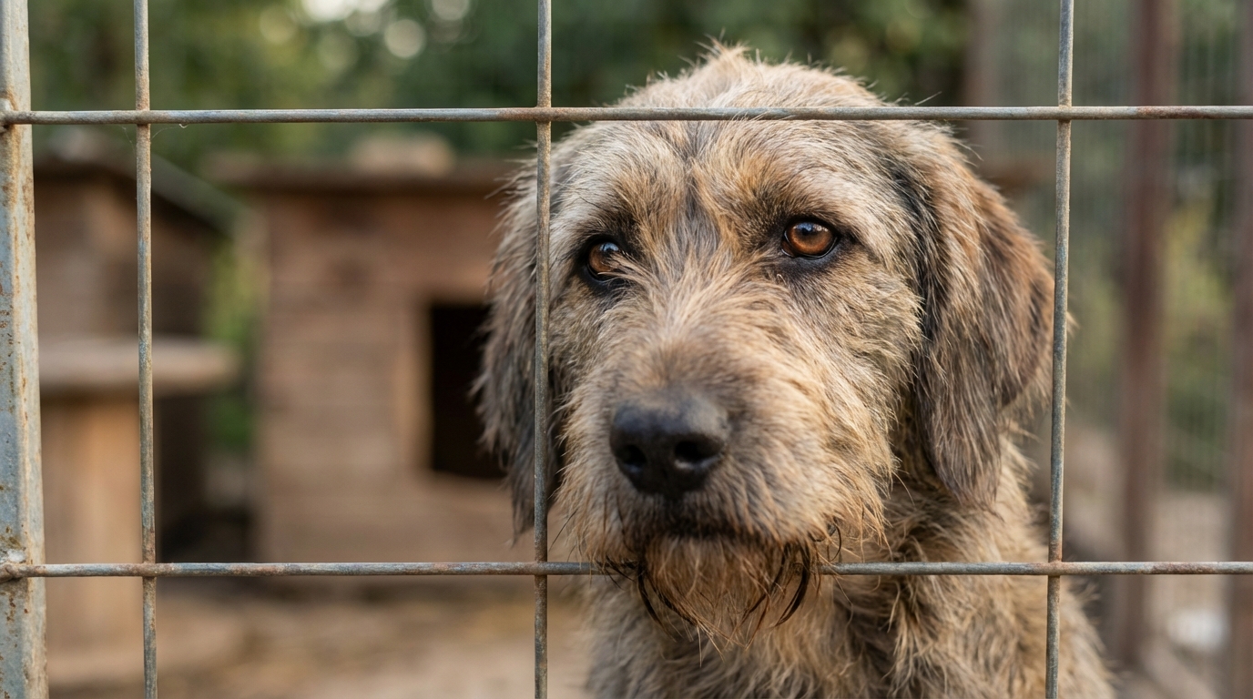 Un chien de chasse au regard triste et implorant, photographié de près dans un refuge, symbolisant l'abandon et l'attente d'un foyer.