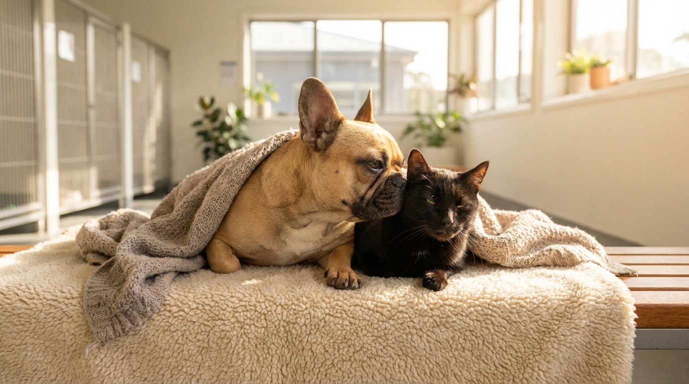 Une chienne Bouledogue Français et une jeune chatte noire, toutes deux amputées d'une patte, se blottissent l'une contre l'autre dans un refuge.