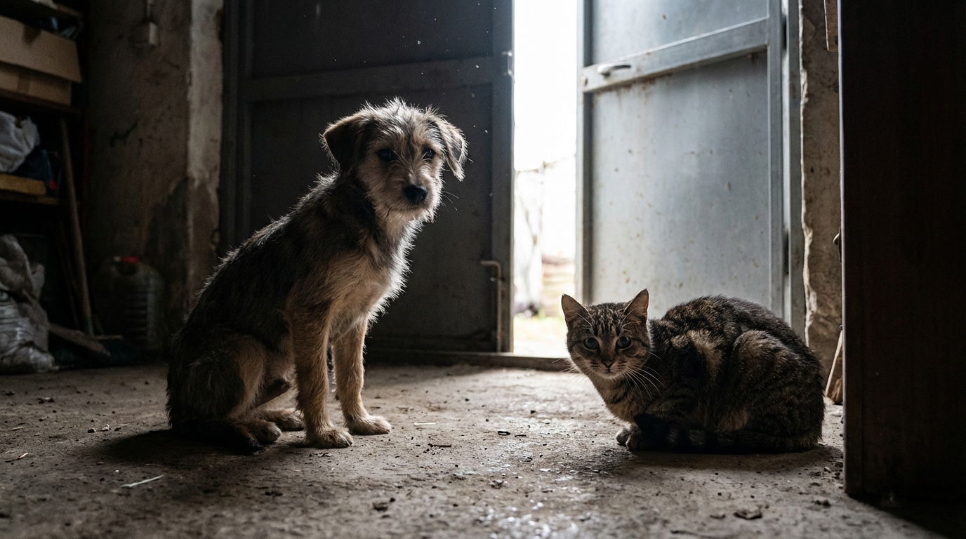 Un chien et un chat au regard triste, blottis l'un contre l'autre dans un coin, symbolisant l'abandon et l'attente d'un foyer.