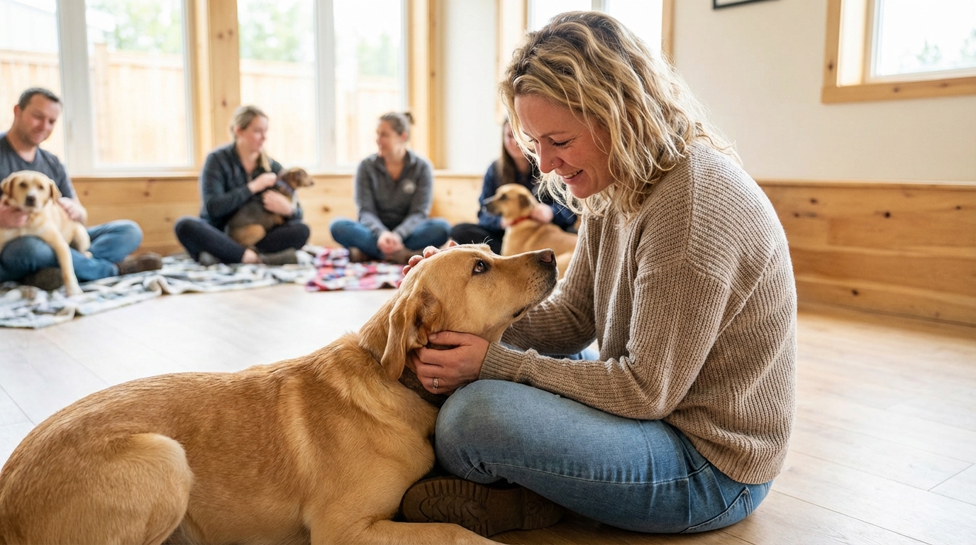 Un chien de refuge pose affectueusement sa tête sur le genou d'une femme assise en tailleur, la choisissant pour l'adoption.