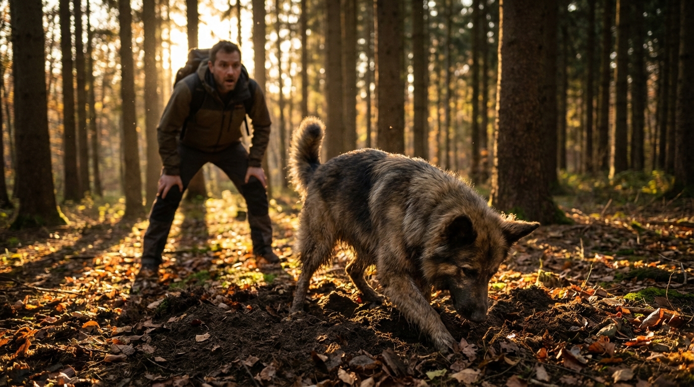 Un chien de type berger creuse la terre avec énergie dans un parc boisé, tandis qu'un randonneur en arrière-plan l'observe avec inquiétude.