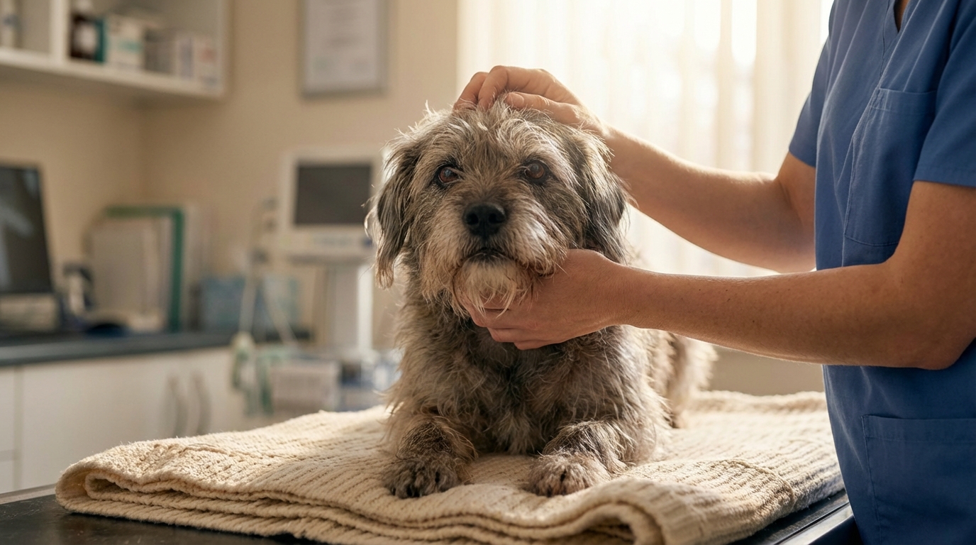 Un chien croisé âgé au regard doux, blotti dans une couverture chaude, recevant une caresse rassurante de la main d'un soignant.