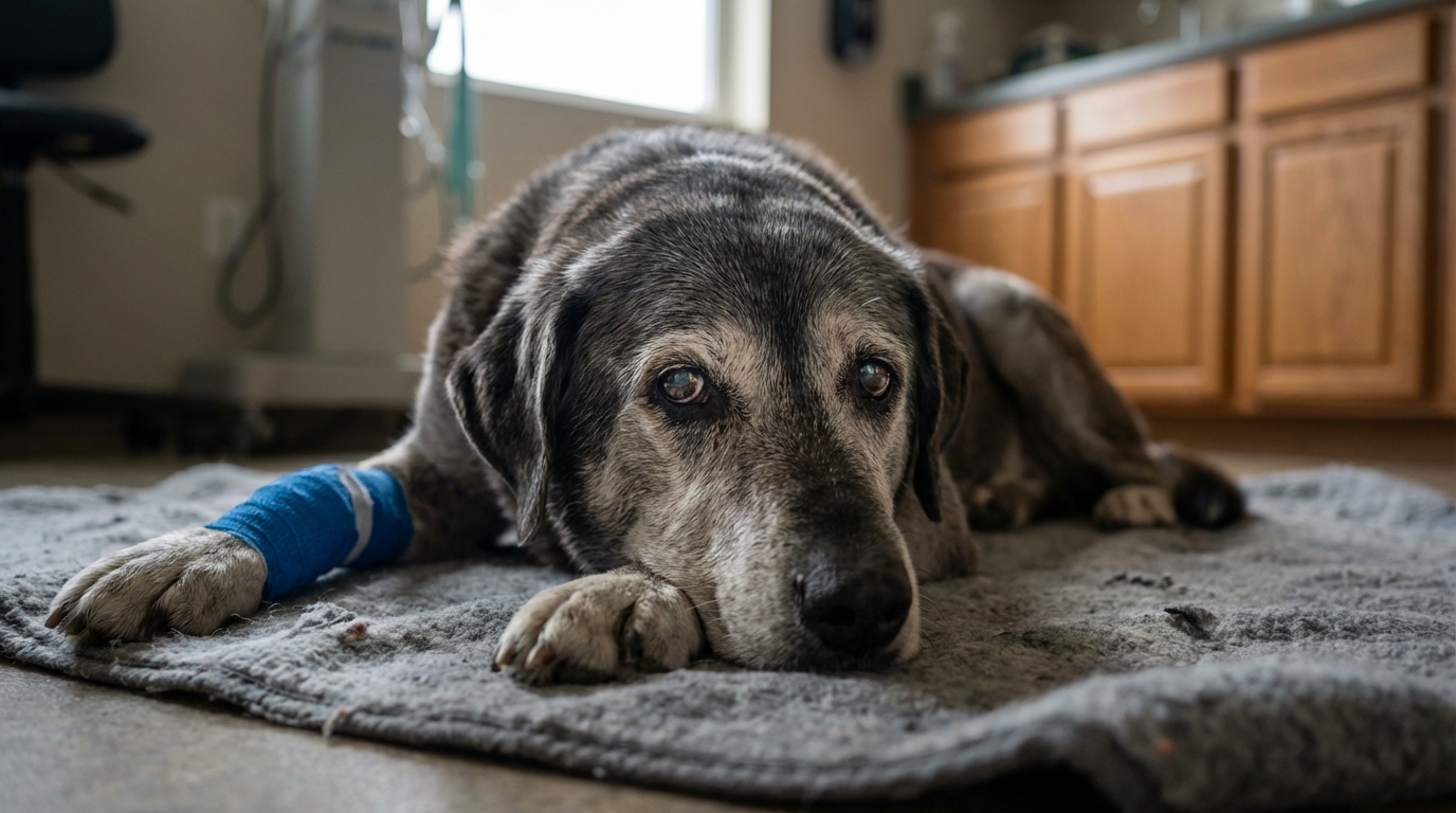 Un chien croisé de type Labrador et Husky, au regard triste mais plein d'espoir, se reposant après avoir été soigné par un vétérinaire.