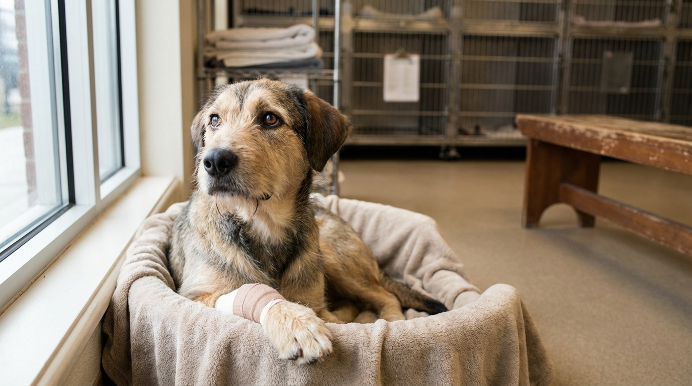 Un chien croisé au regard triste, avec une patte bandée, couché dans un panier de la SPA, symbolisant la résilience après la cruauté.