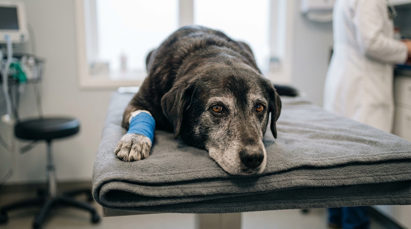 Un chien croisé labrador et husky aux yeux vifs, couché et se reposant, avec une de ses pattes avant bandée, regardant avec espoir.