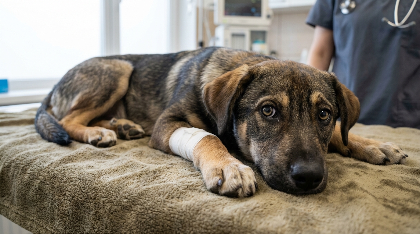 Un chien croisé de type Labrador et Husky, couché, regarde la caméra avec une expression triste mais résiliente dans ses yeux.