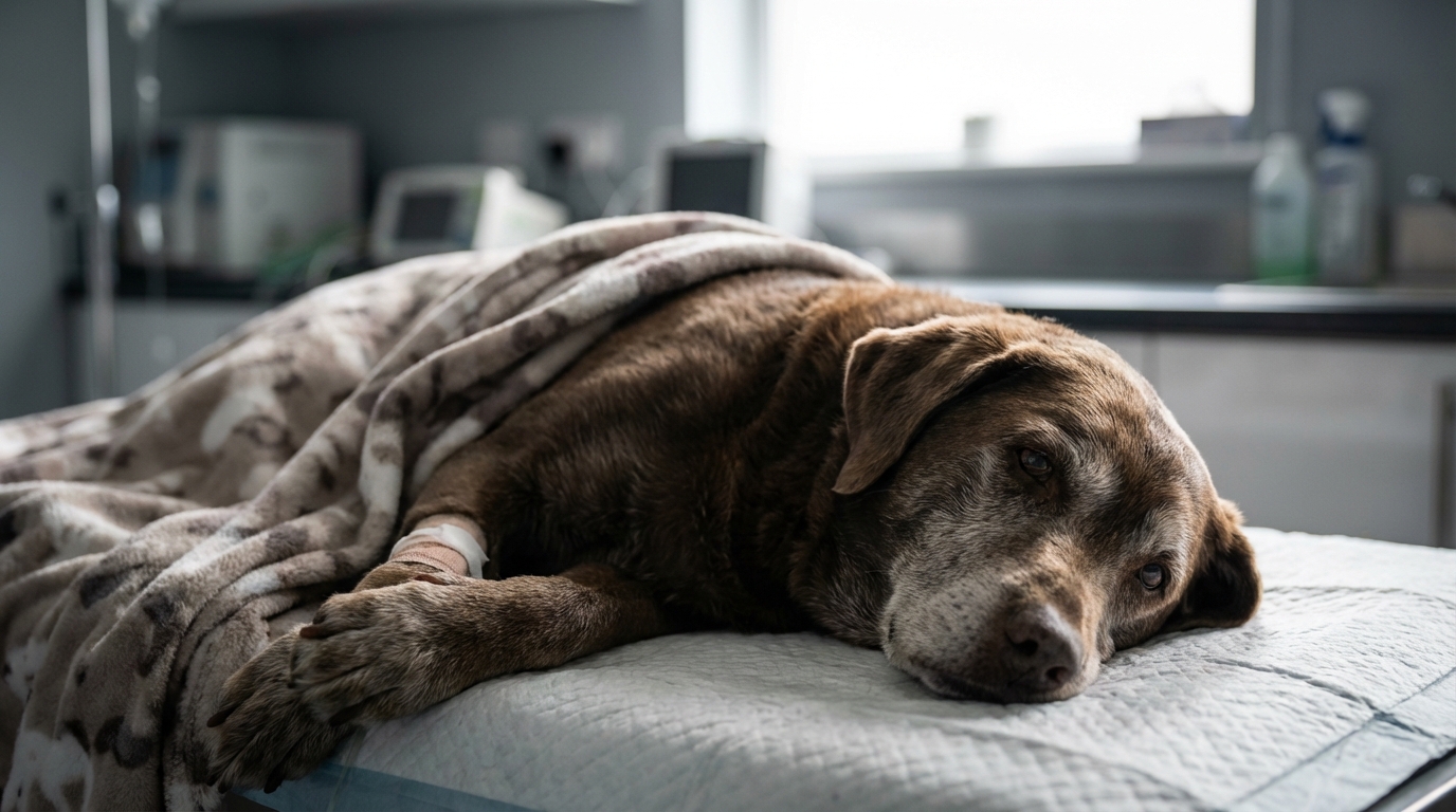 Un chien croisé labrador au regard mélancolique, symbolisant la détresse de Gennaro après son acte de cruauté.