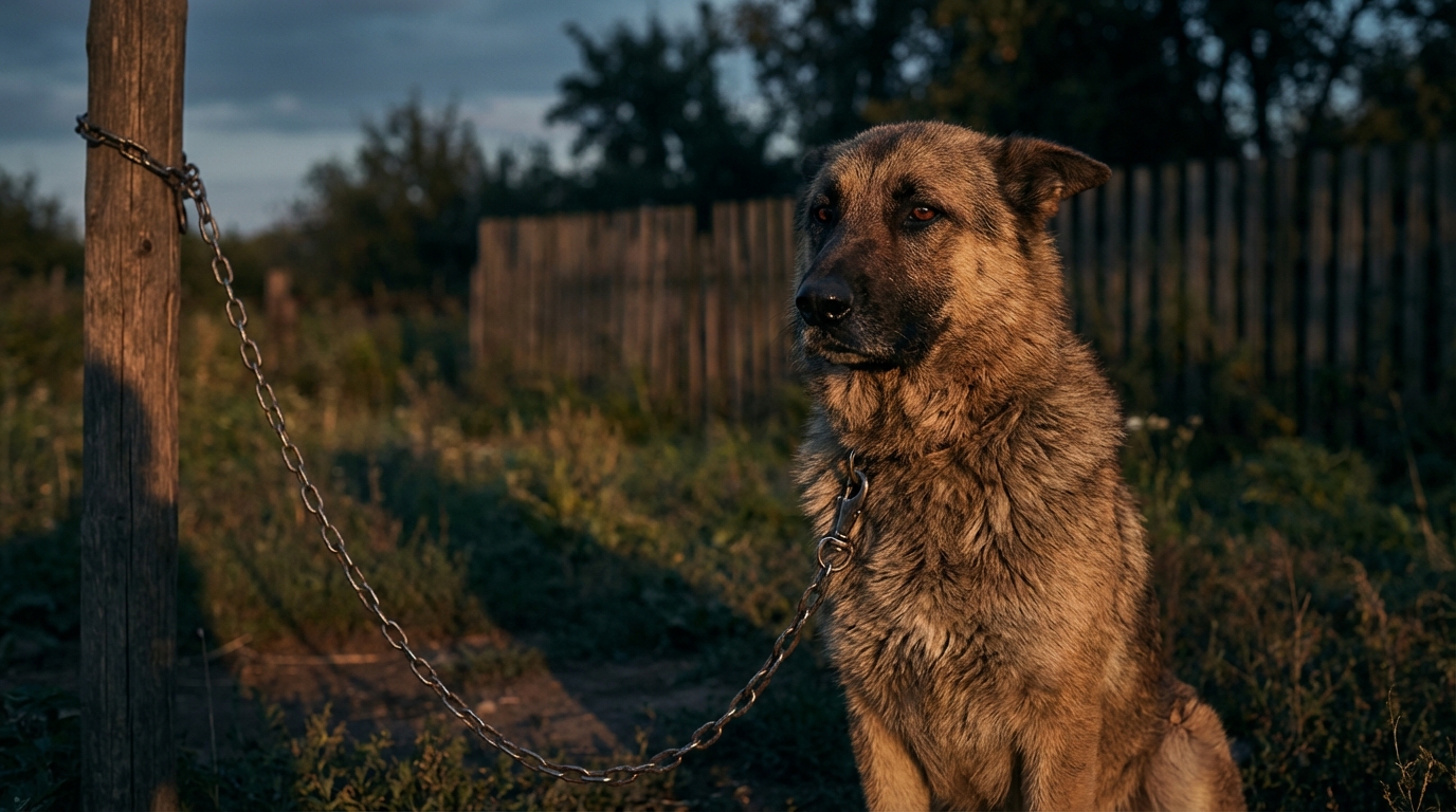 Un grand chien croisé Malinois et Berger Allemand, l'air vigilant, attaché à une chaîne dans un jardin.
