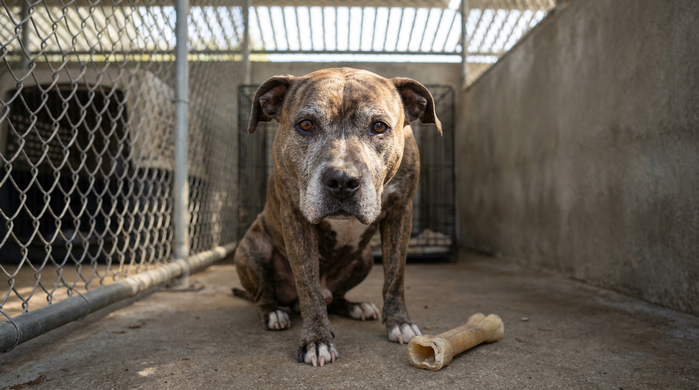 Un chien de type pitbull au regard triste et interrogateur, seul dans un box de refuge, symbolisant le destin incertain de Curtis.