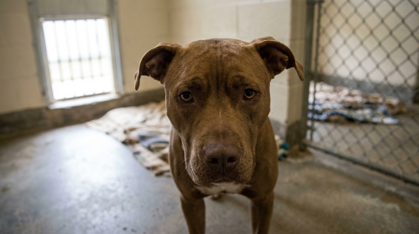 Un chien de type American Pit Bull Terrier, au regard triste, derrière les barreaux d'un box de refuge, symbolisant le destin de Curtis.