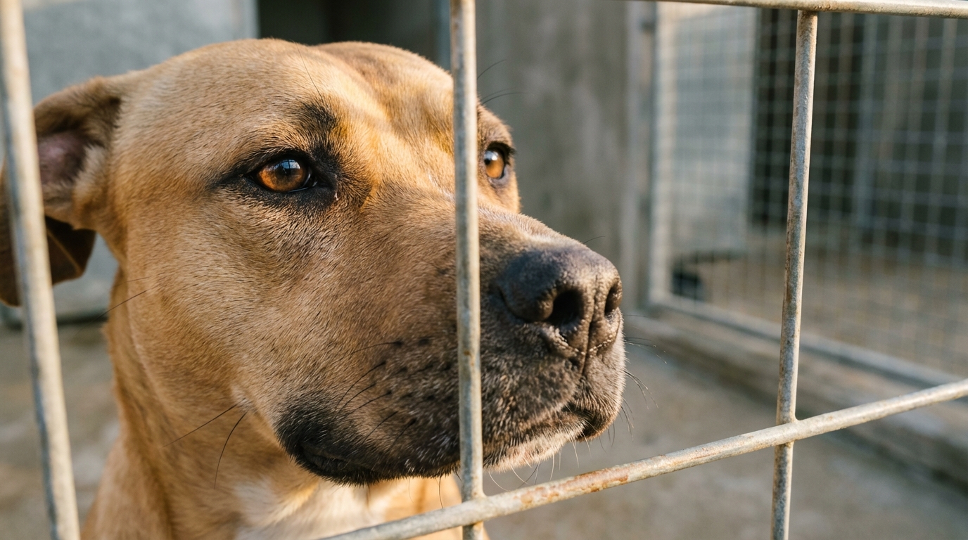 Un chien de type American Staffordshire Terrier, ressemblant à Curtis, regarde tristement à travers les barreaux d'un chenil, symbolisant son attente.
