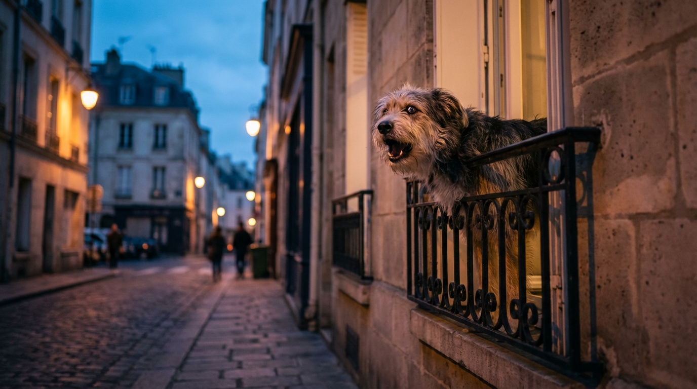 Un chien de taille moyenne, l'air anxieux, aboie depuis le balcon en fer forgé d'un immeuble en ville, illustrant un fait divers.