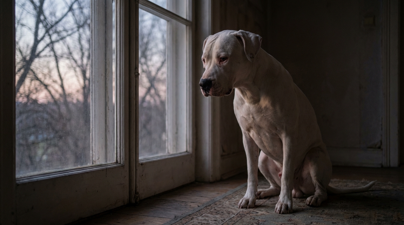 Un dogue argentin au regard mélancolique, symbolisant la tristesse et l'injustice d'un conflit de voisinage fatal.