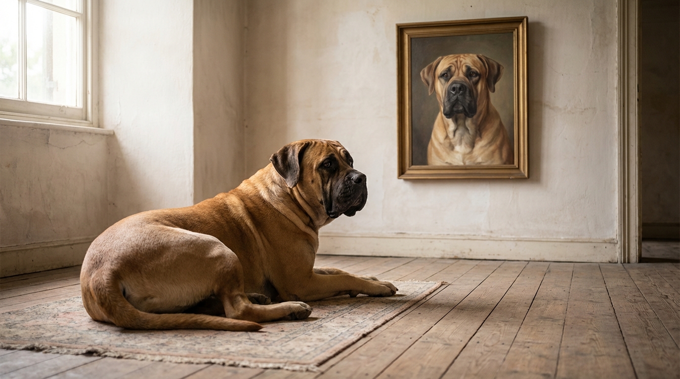 Un grand chien de race Boerboel est couché tristement au sol, regardant un grand portrait de son frère chien accroché au mur de la maison.
