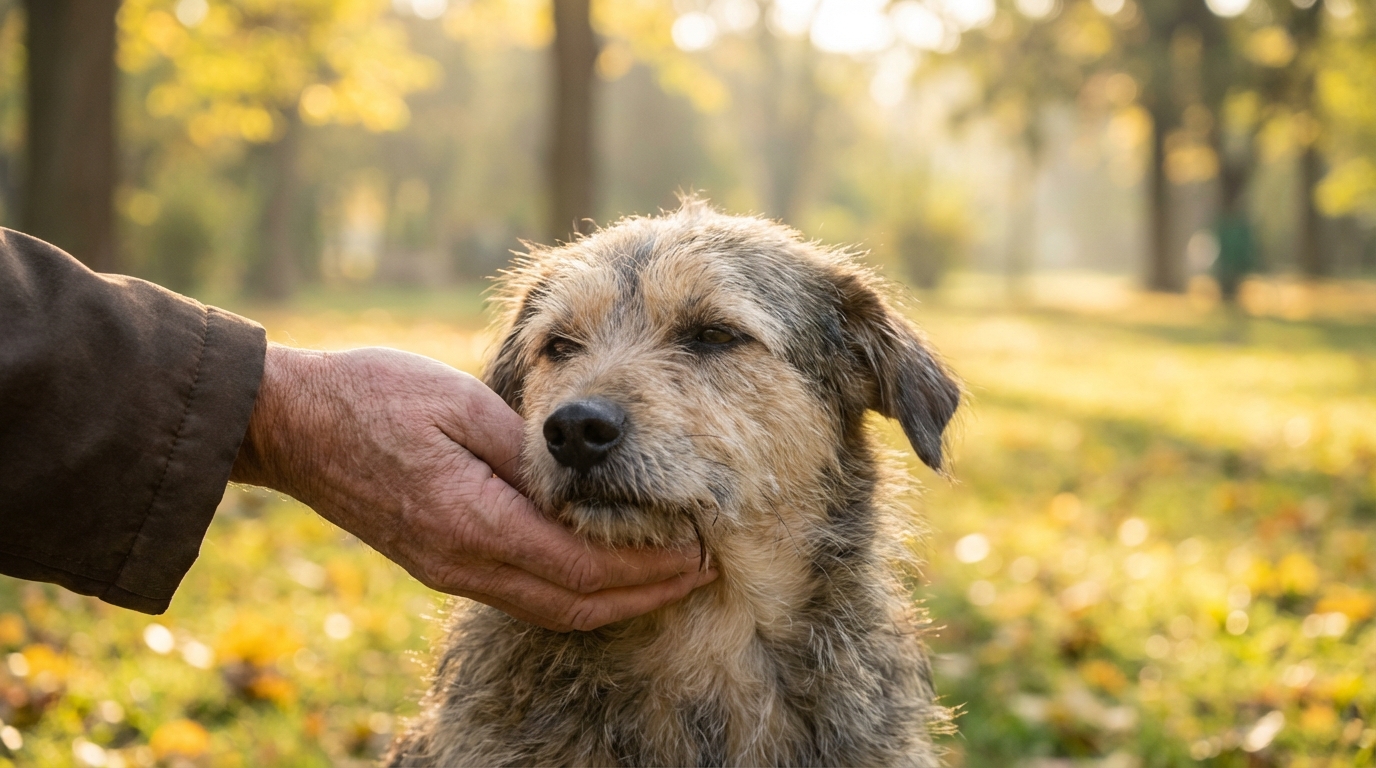 Un sauveteur bienveillant caresse doucement un chien de type berger, l'air soulagé, après son sauvetage dans un champ.